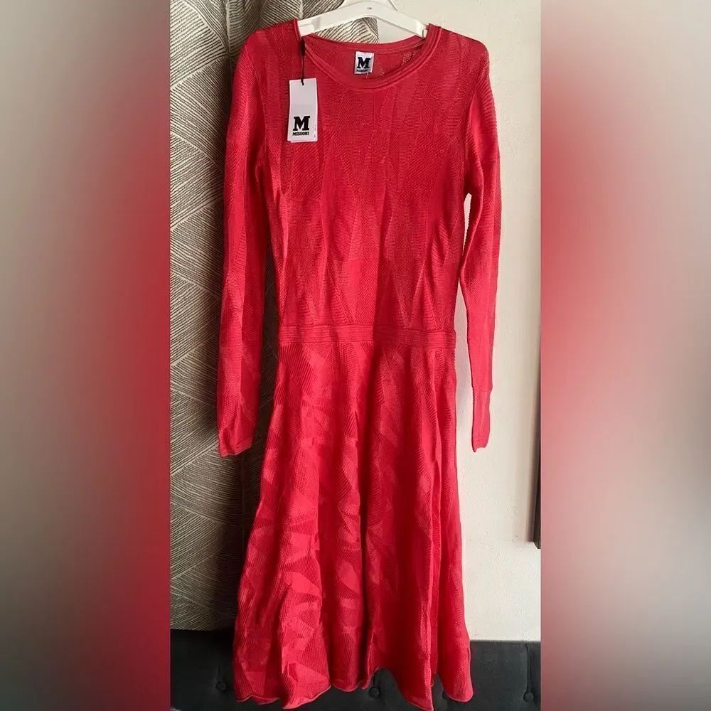 M Missoni Long-Sleeve Fit and Flare Midi Knit Dress Coral sz US M/IT 42 $750 NWT